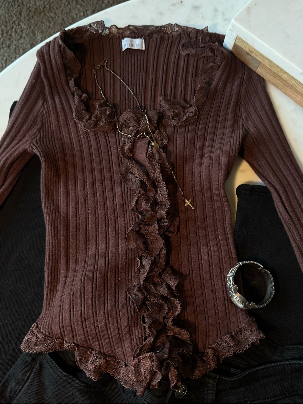Brown Ruffled Rib-Knit Long Sleeve Top - Picture 2 of 5